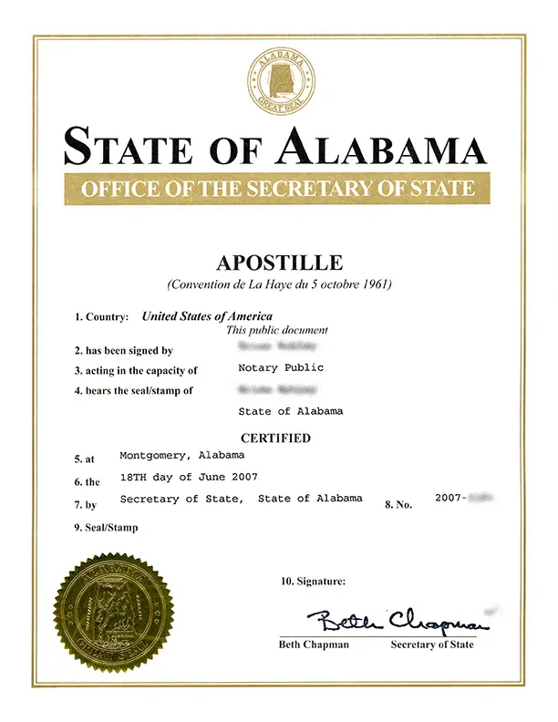 Model de apostilă aplicată în Alabama, Statele Unite