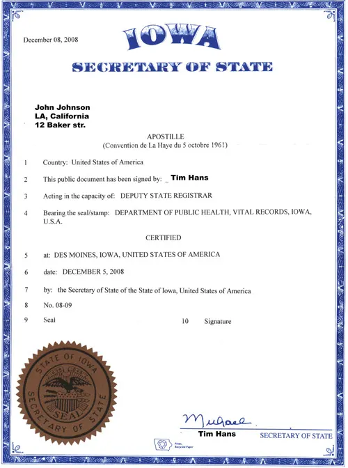 Model de apostilă aplicată în Iowa, Statele Unite